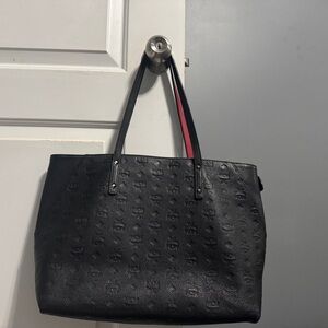 MCM Klara Top Zip Shopper Black and Red Embossed Tote